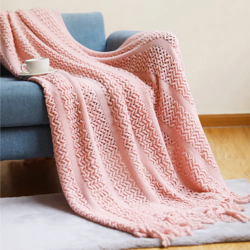 Pink Gift Knitted Blankets Textured Throw Blankets with Tassels Chunky Vintage Luxury Couch Bedspread Cover Cozy Nordic Blankets