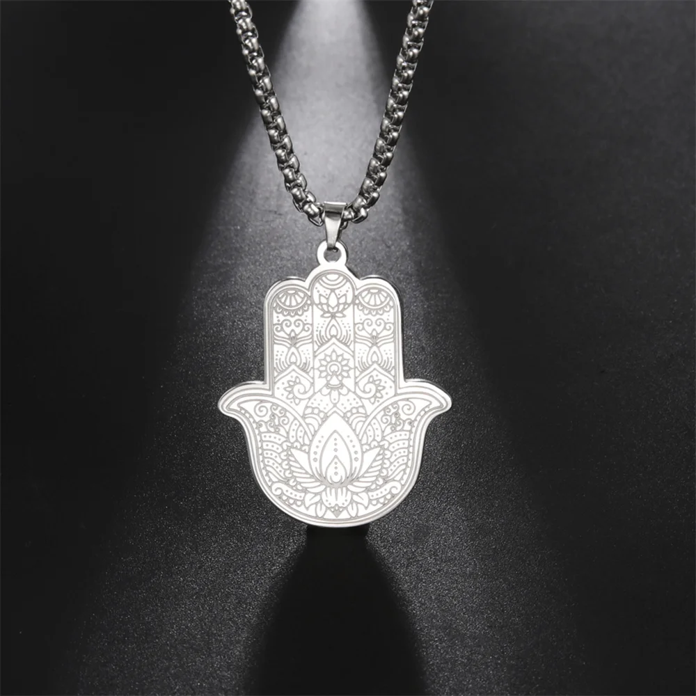 EUEAVAN Hamsa Hand Lotus Flower Pendant Necklace Stainless Steel Box Chain Fatima Yoga Hindu Necklaces Vintage Amulet Jewelry