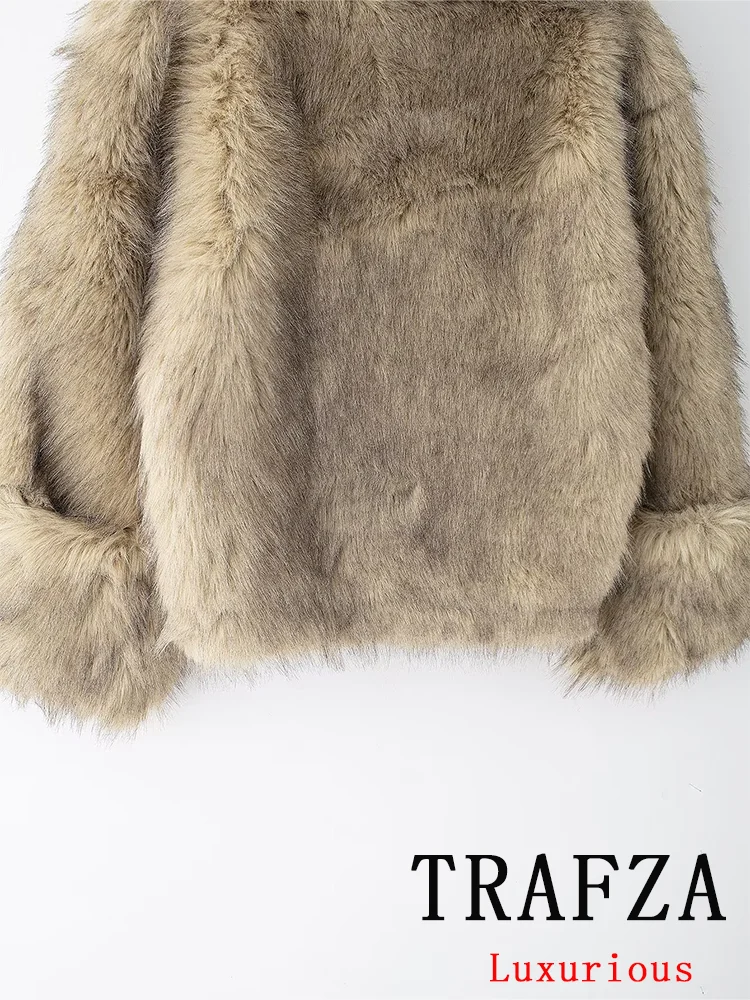 TRAFZA Vintage Casual Women Faux Fur Hoodies Turtleneck Long Sleeve Outwears Straight Loose Fashion 2024 Autumn Winter Outwears