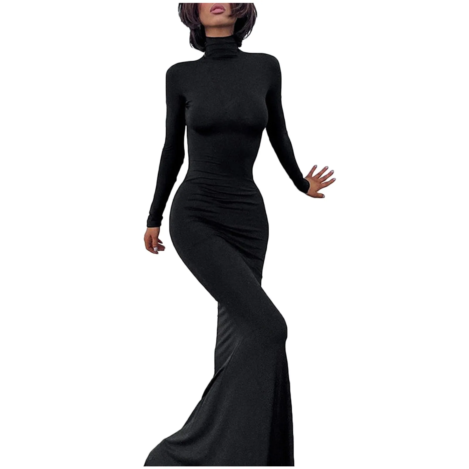 

Women'S Fall New Dress Solid Color Half Turtle Neck Long Sleeve Slim Fashion Dress Spring Elegant Sexy Party Dress Club Clothing