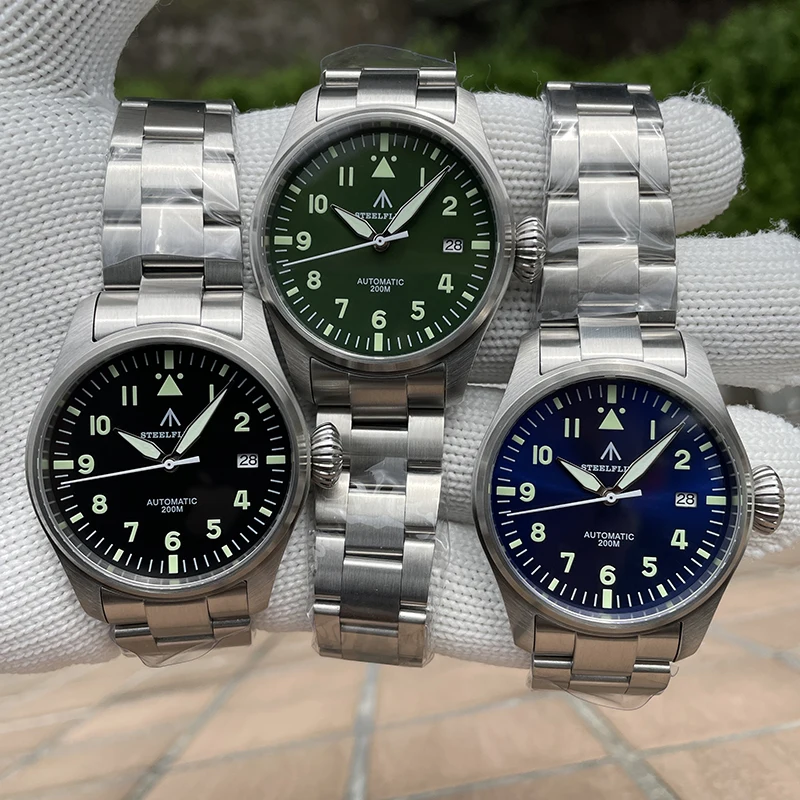 STEELFLIER 남자 다이버 시계 39mm 파일럿 자동 기계식 손목 시계 20Bar 방수 C3 빛나는 사파이어 미러 NH35