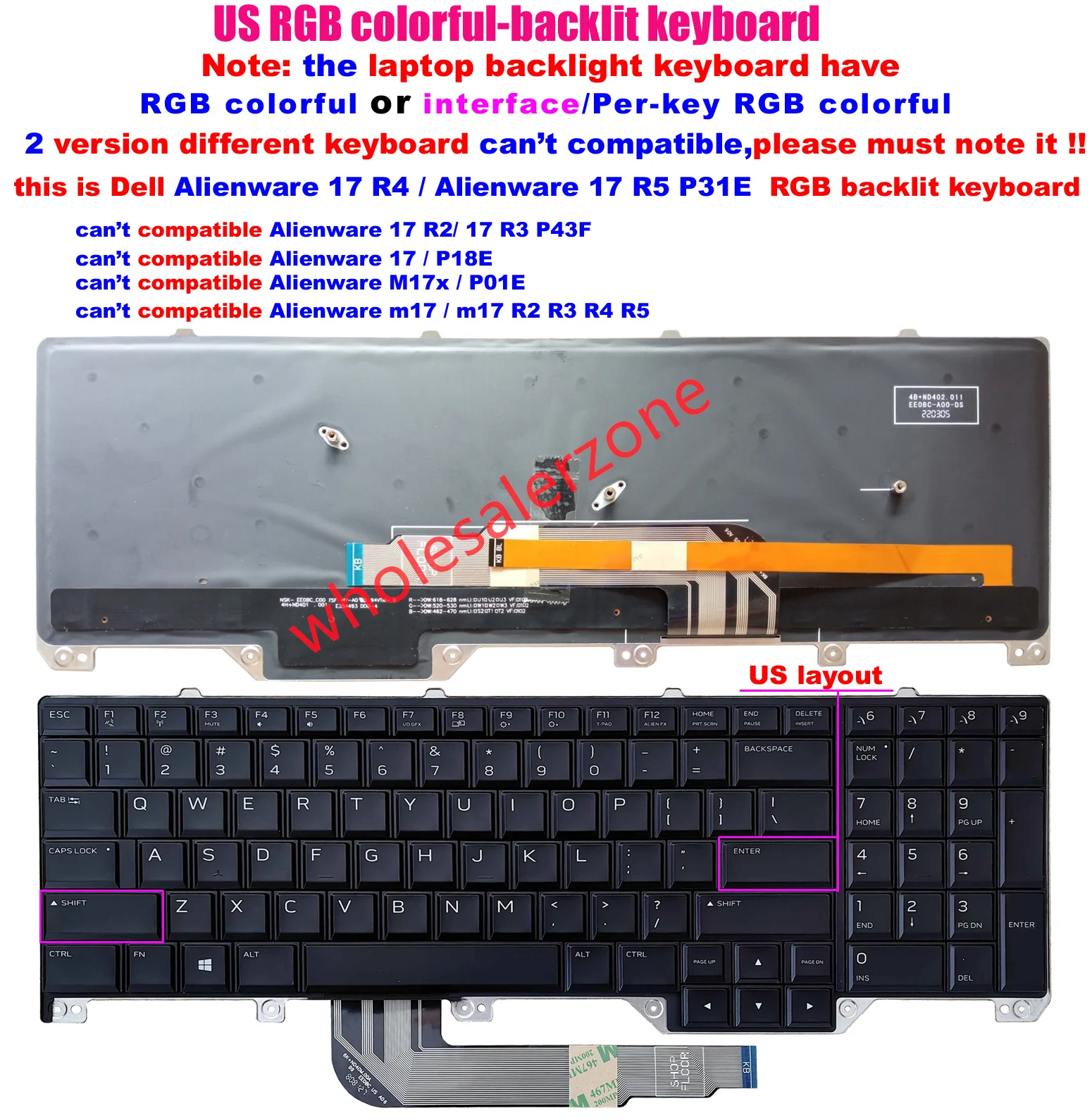 Teclado estadounidense retroiluminado colorido RGB para portátil Dell Alienware 17 R4/17 R5 P31E NSK-EE0BC NSK-EE1BC 01 PK1326T1B00 00WN4Y 0N7KJD