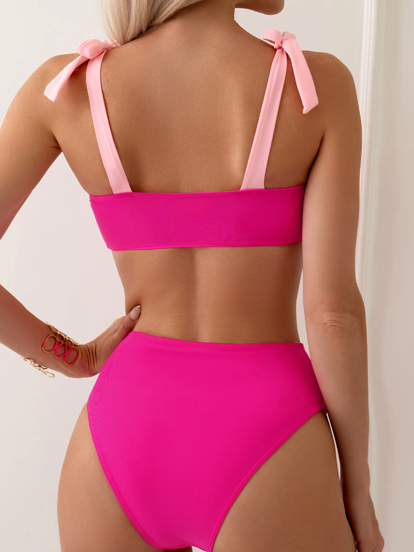 Sexy Tie Shoulder High Waist Bikinis Sets Two Pieces Pink Swimsuit Women Padded Swimwear Bandeau Brazilian Biquini Beach Wear