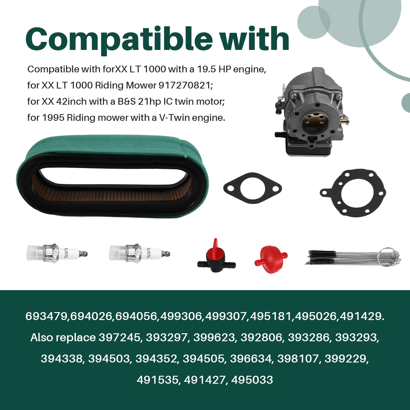 

(FDDT) Карбюратор, совместимый с Briggs & Stratton 693479 693480 499306, с воздушным фильтром 394019S и топливным фильтром 394358S