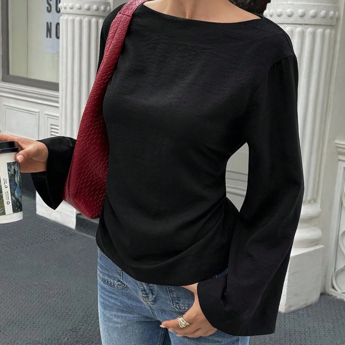 Street Style Slim Fit Long Sleeve T-Shirt Pure Color Belted Boat Neck Bell Bottom Women's Top for Spring Season