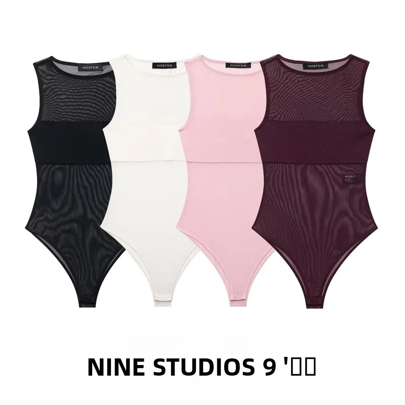 

Модный комбинированный шелковый сетчатый комбинезон без рукавов для женщин, приталенный, с высокой талией, прямого кроя, в деловом стиле, с короткими штанинами