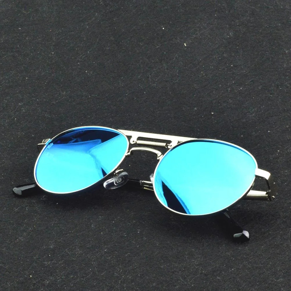Men Round Blue Mirror Lens Punk Spirit Metal Frame Spring Element Driving Sun Glasses Women