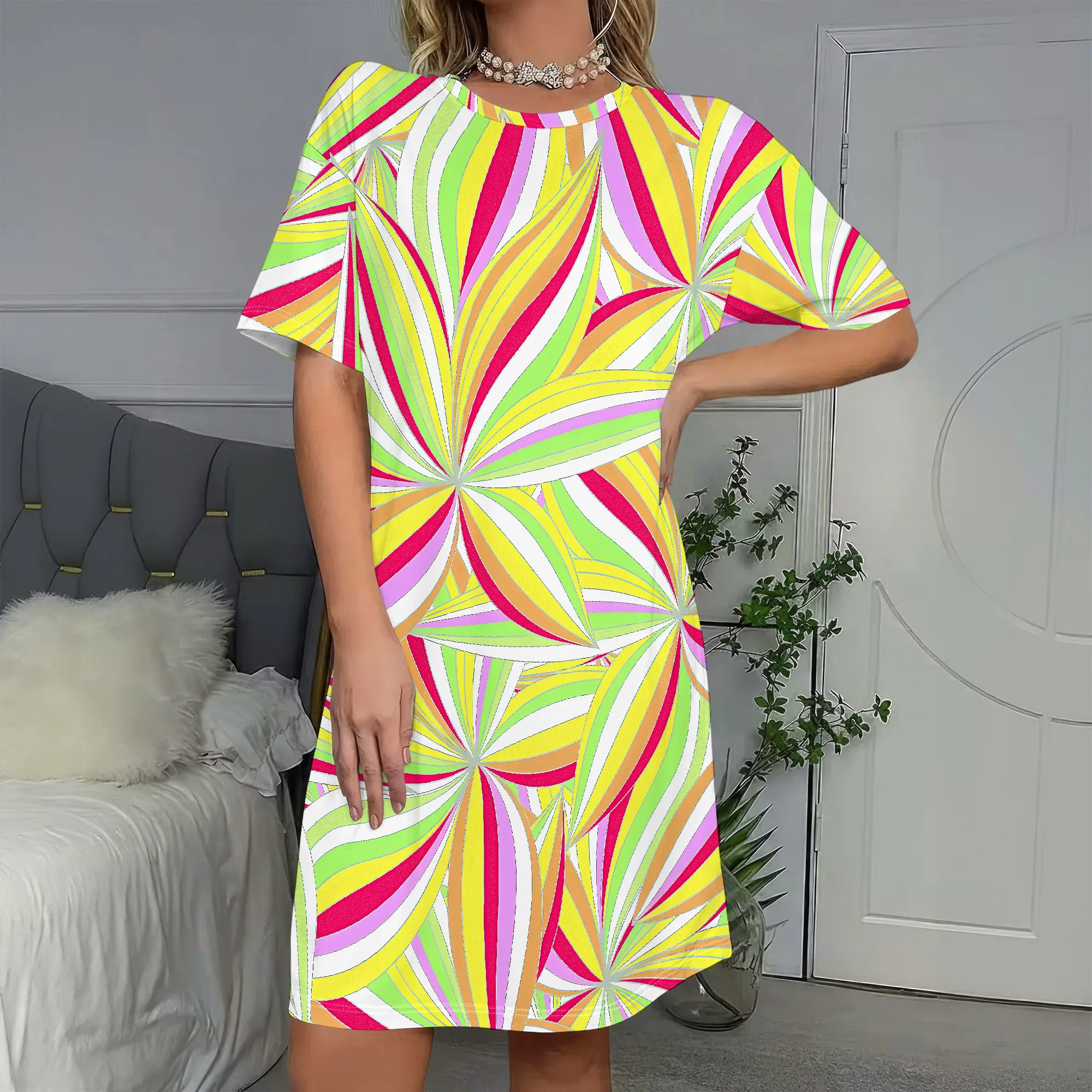 

Vibrant Swirl Print Dress, Colorful Short Sleeve Mini Dress, Abstract Pattern Shift Dress, Casual Summer Outfit for Women, S-2XL