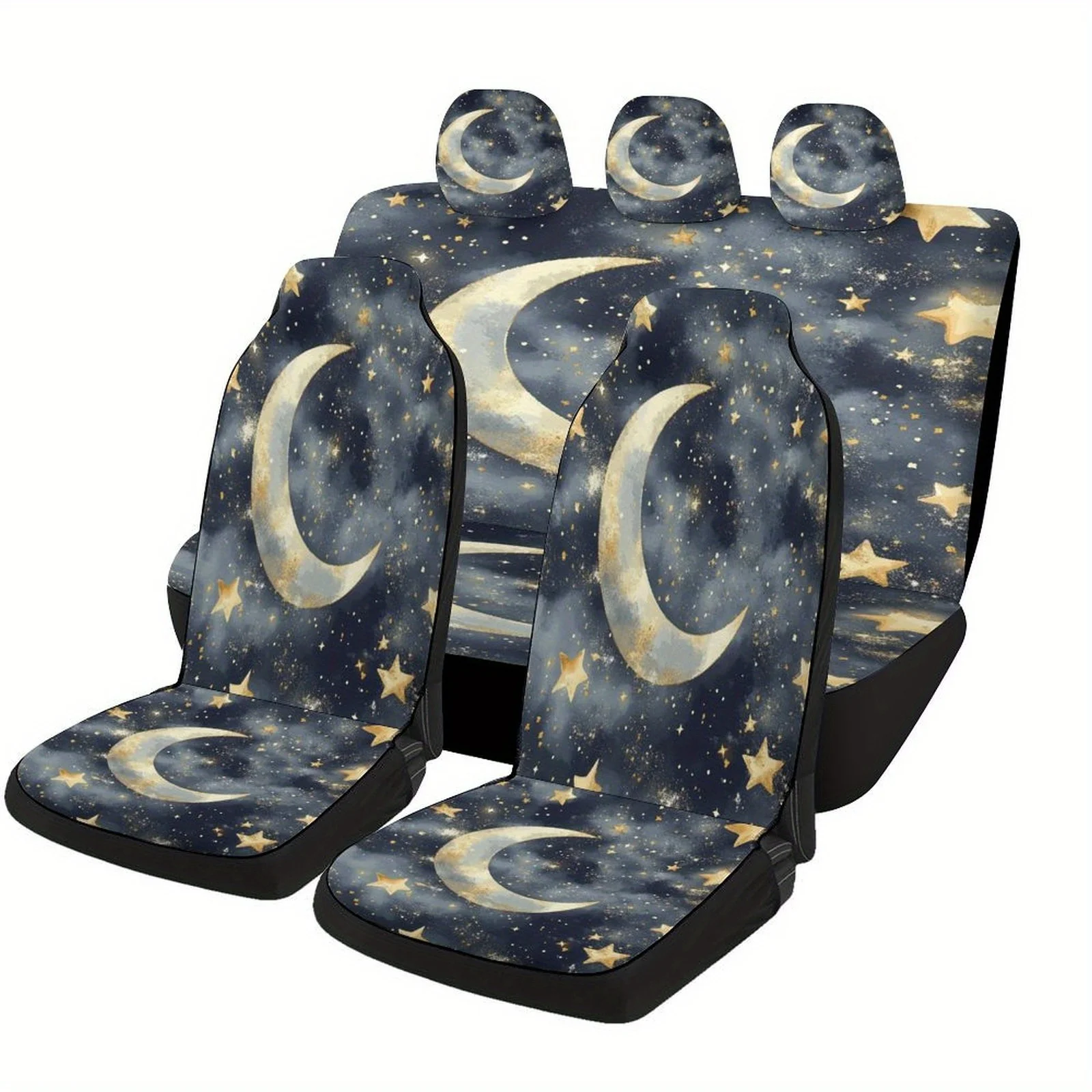 Golden Crescent Moon Themed Car Seat Cover Set For Most Cars, Fashion Novelty Car Seat Protector Covers Full Set, Universal Car
