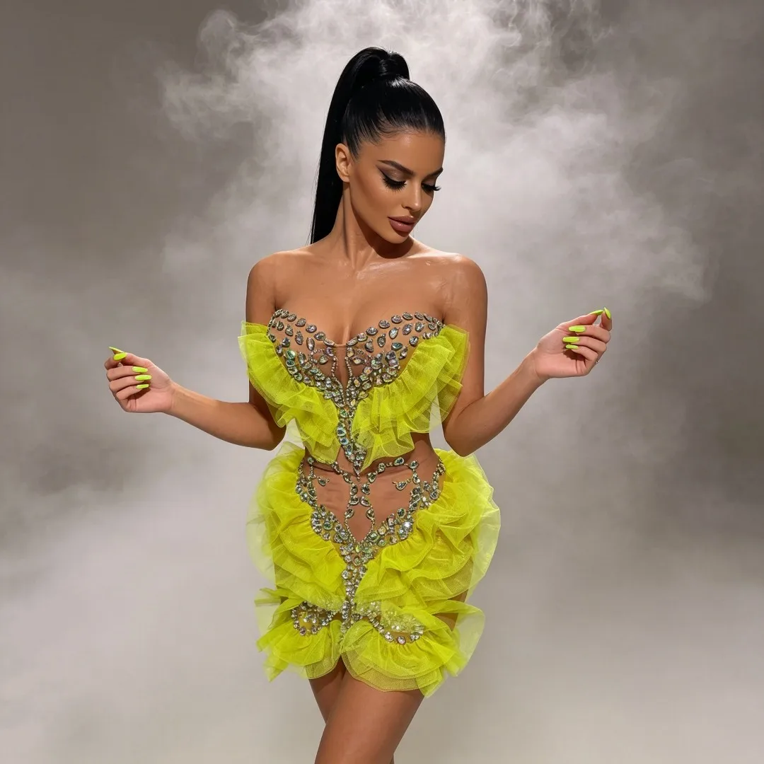 Strapless Black Sheer Mesh Corset Mini Dress AB crystal Tulle Ruffle Nightclub Singer dance Drag Queen Stage Performance Costume - view 3