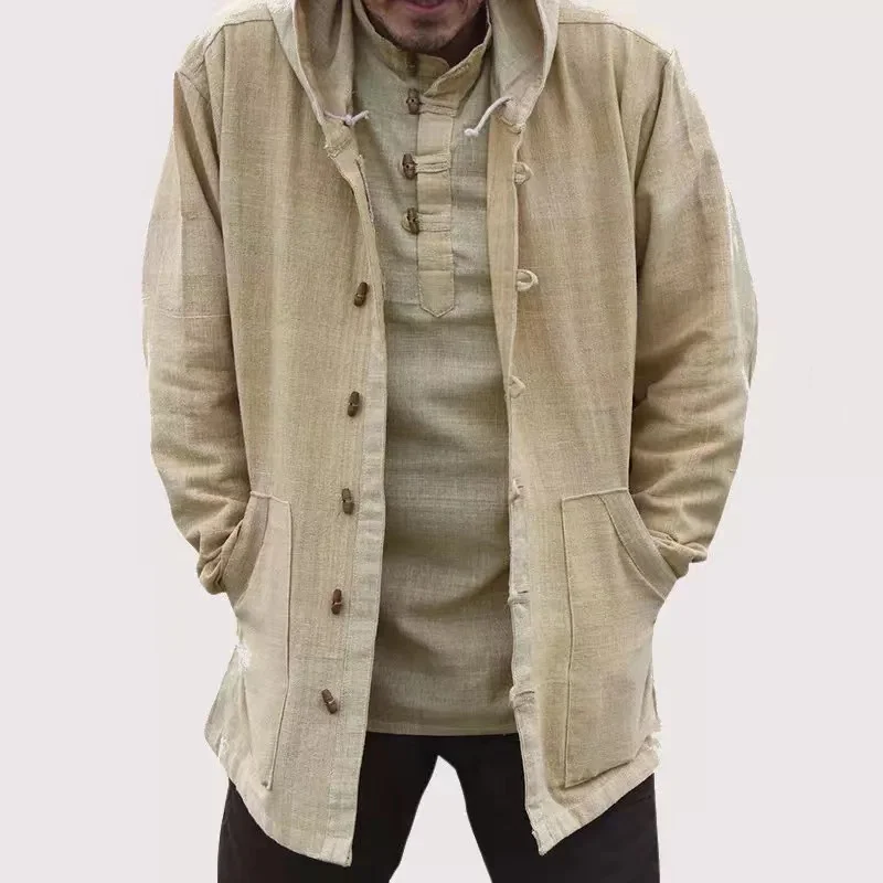 S-4XL Spring and Autumn New Hot Selling Men\'s Cotton and Hemp Retro Hooded Loose Long Sleeve Solid Color Casual Shirt Coat Top