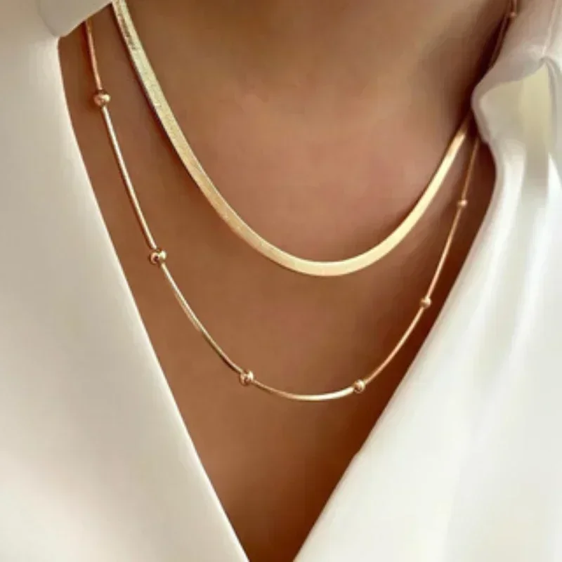 Mode Einfache Design Gold Farbe Runde Perlen Kette Doppel Schichten Halskette, Frauen Personalisierte Trend Party Schmuck Gefälligkeiten