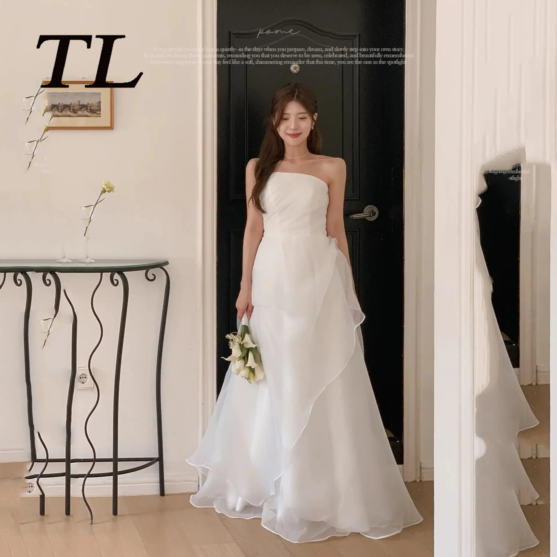 TL Customized White Organza Wedding Dress Strapless Layered A Line Bridal Gowns Korean Civil Ceremony Party Wear Vestidos