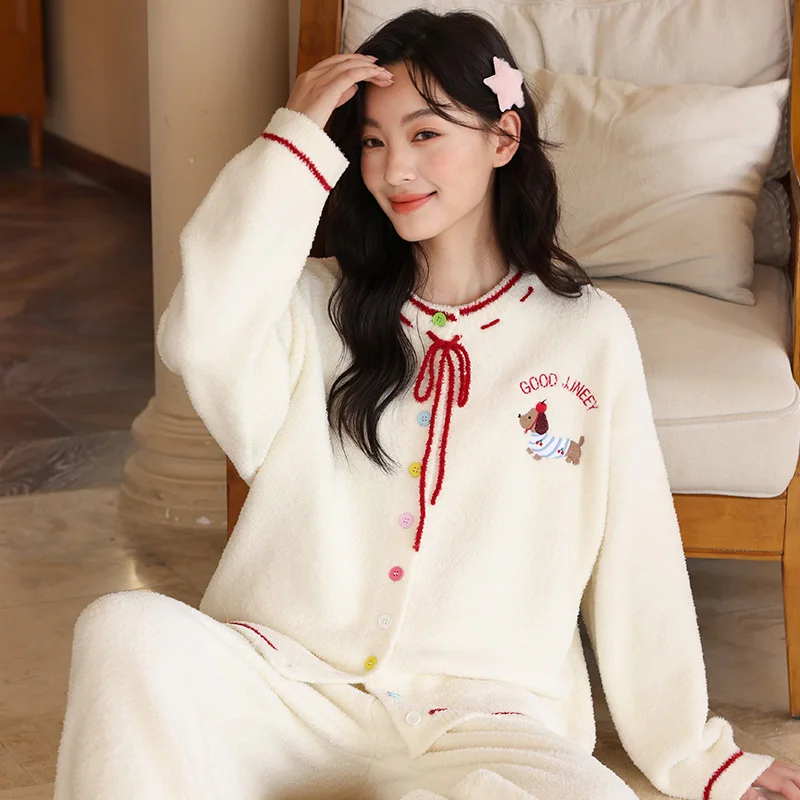 

2025 New Winter Half Fleece Women's Pajamas Cartoon Embroidery College Style Soft and Thick Home Clothes