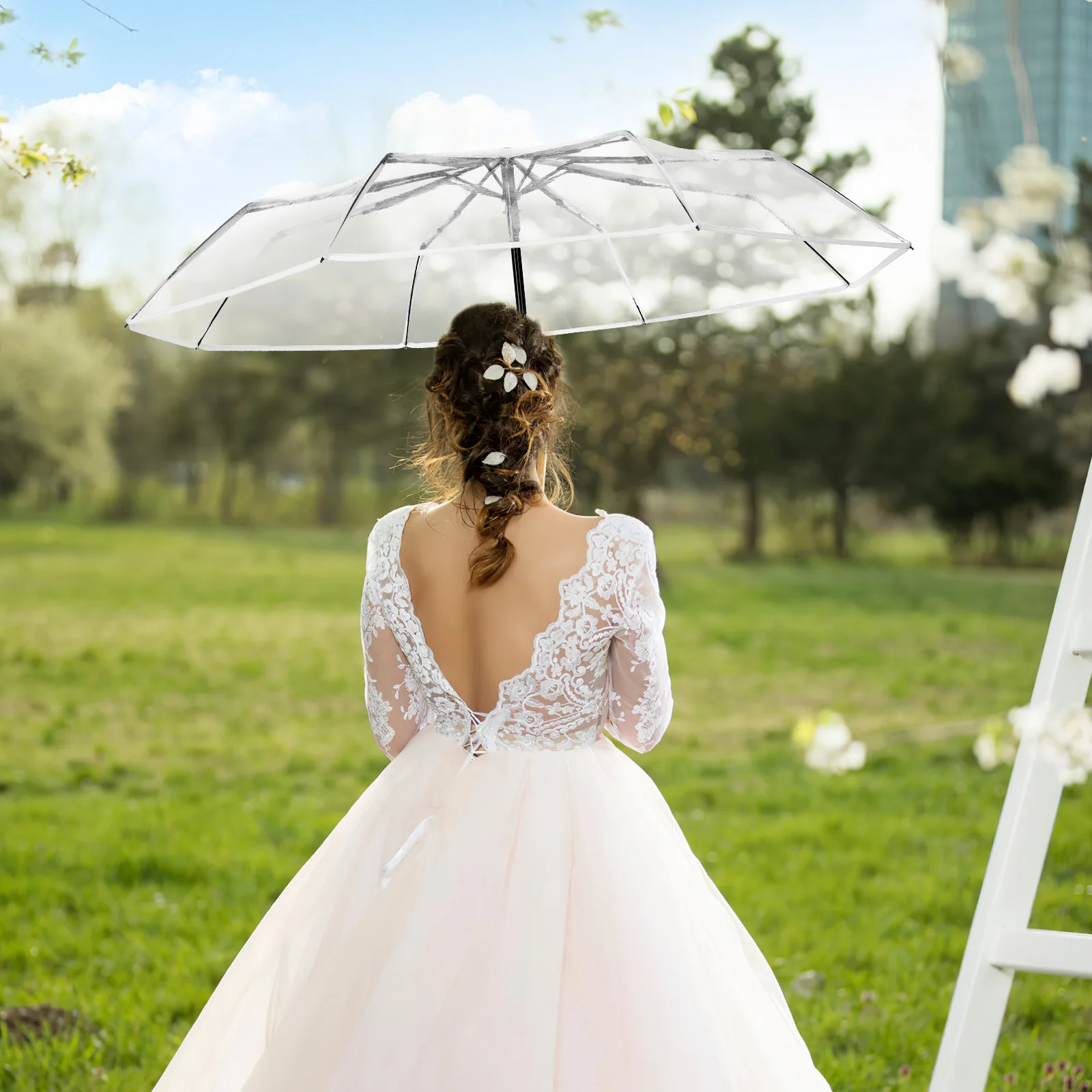 

Fully Automatic 3 fold Transparent Umbrella White Edge Durable Fabric Sturdy Ribs Waterproof Portable Folding Home Daily Use