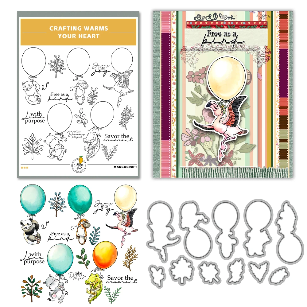 Mangocraft Little Animals And Balloons Cutting Dies Clear Stamp DIY Scrapbooking Metal Dies Silicone Stamp For Card Albums Decor