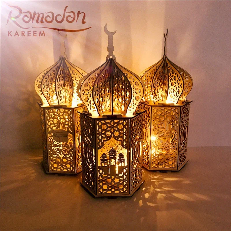 Eid Mubarak Wooden Pendant With Led Candles Light Ramadan Decorations For Home Islamic Muslim Party Eid Ramadan Decoration