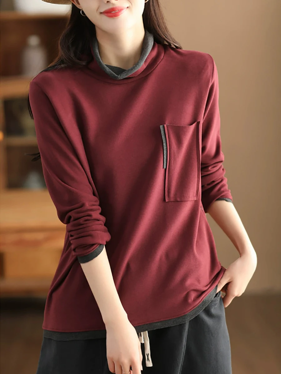 

Autumn Winter Turtleneck Women Bottoming Tops Fashion Patchwork Literary Fake Two-piece Urban Elegant Casual Loose Female Tops