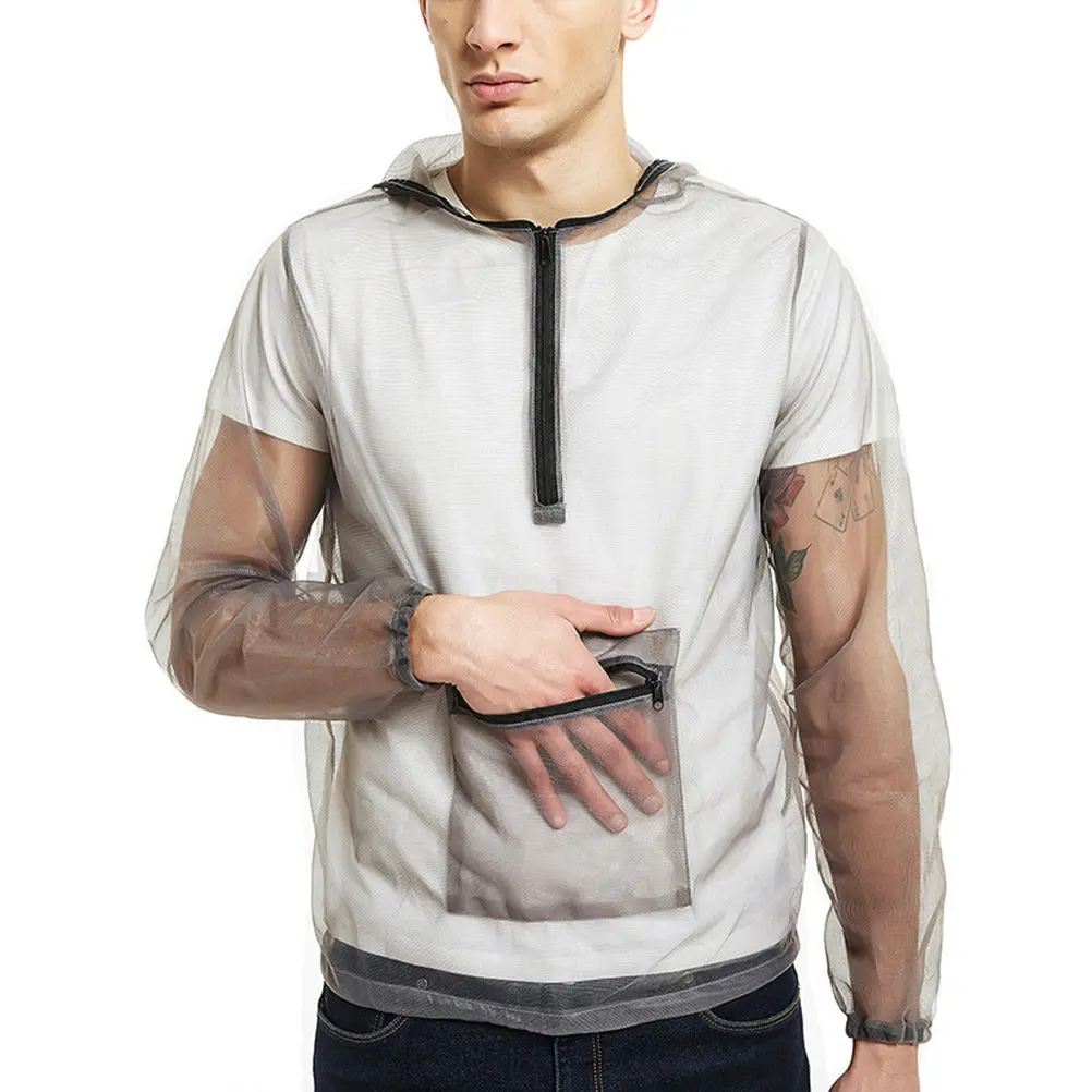 

Легкая дышащая сетчатая рубашка с капюшоном для защиты от насекомых, эластичными манжетами и карманом на молнии на талии для альпинизма и походов