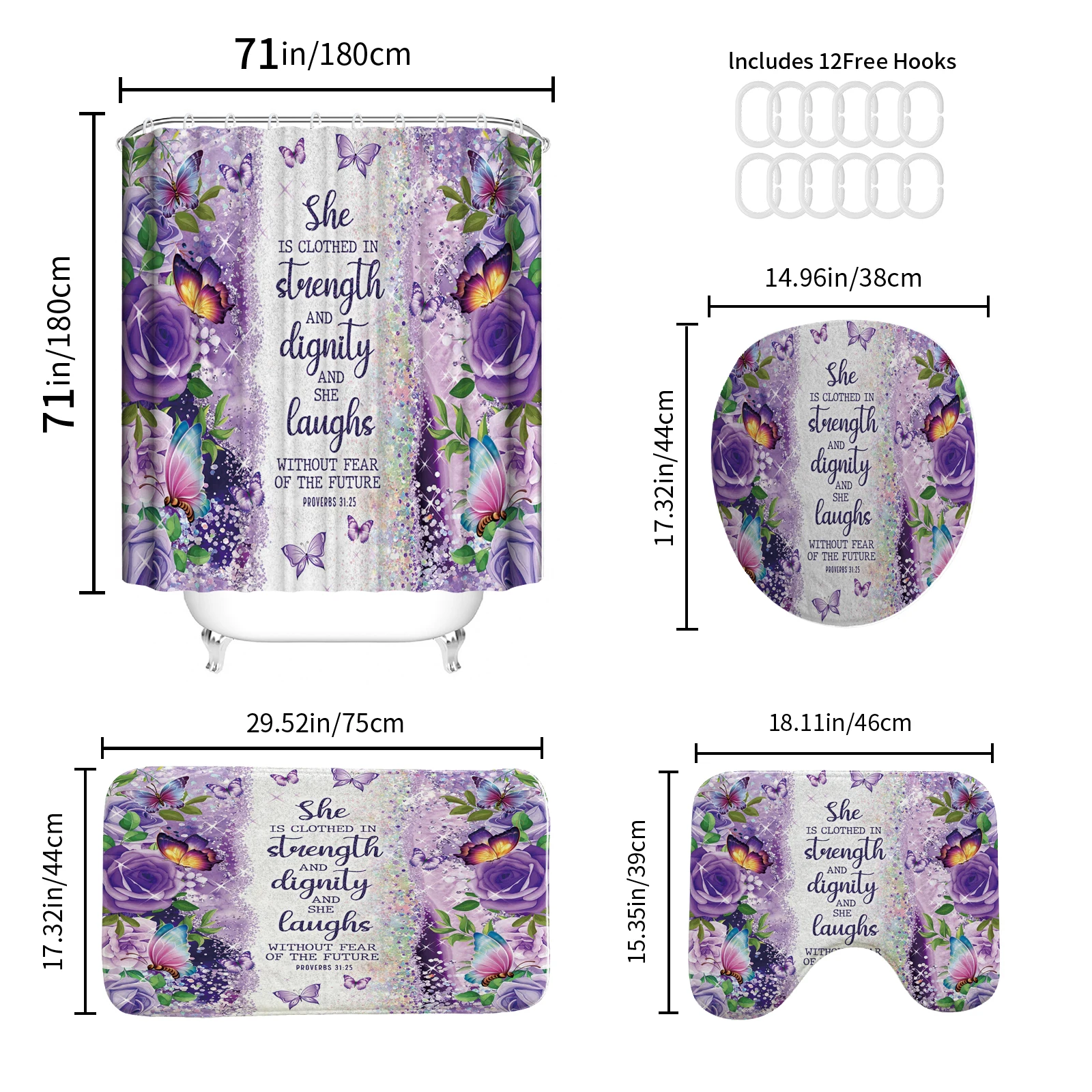 Butterfly floral letter print shower curtain waterproof design polyester home décor bathroom curtain with hook