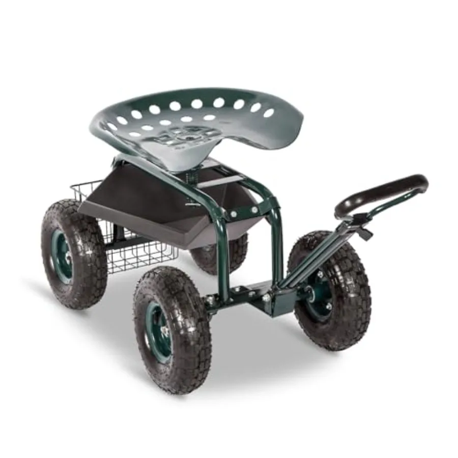 

Gardening Workseat - Garden Rolling Cart Work Set w/360 Degree Swivel Adjustable Seat, Storage Basket, Steering Handle, 4 Wheel