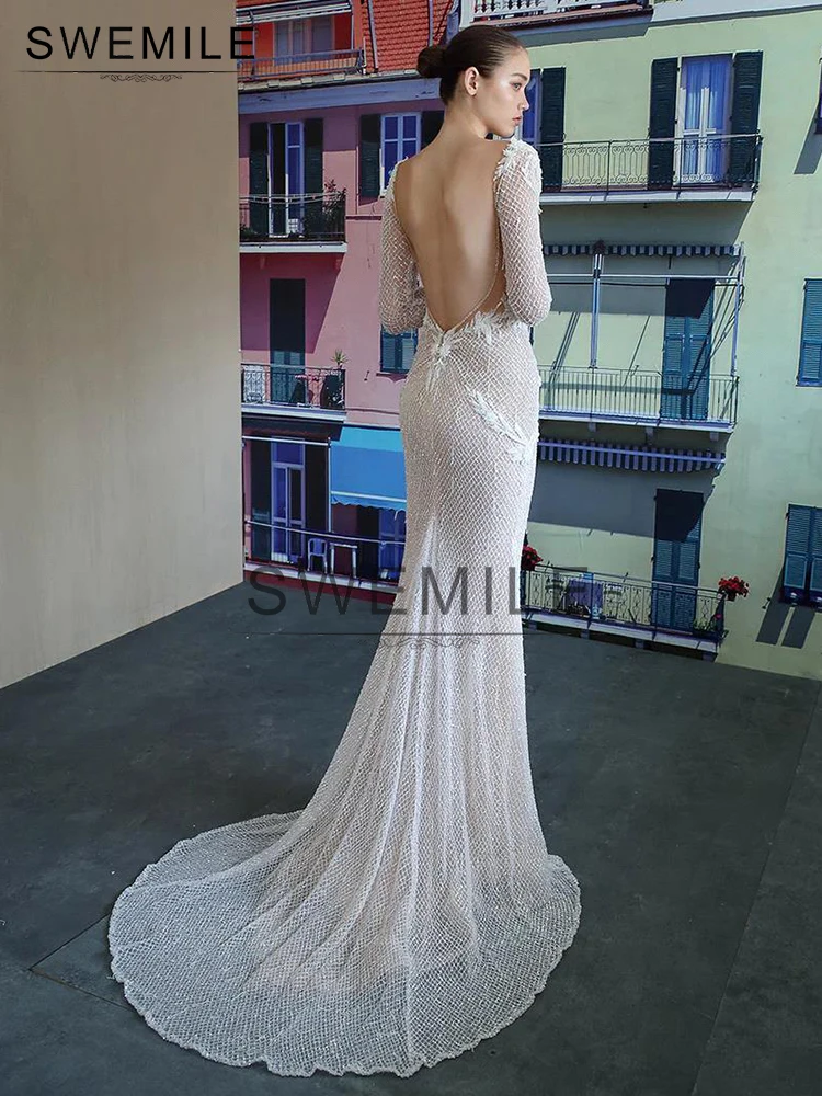 SWEMILE เลื่อมภาพลวงตา Backless Appliques Boho ชุดแต่งงานแขนยาว V คอ Elegant ชุดเจ้าสาวชายหาด Vestido De Novia