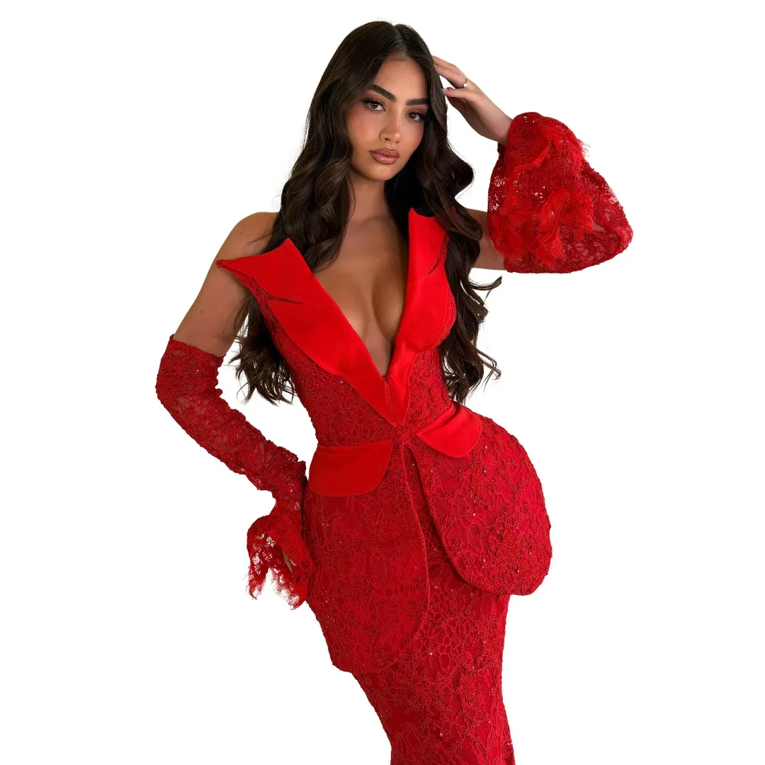 Women's Dresses Suit Gowns Elegant Sheer Lapel One Button Jacket Coat And Dress For Female Appliques 2 Pieces Suit Customized