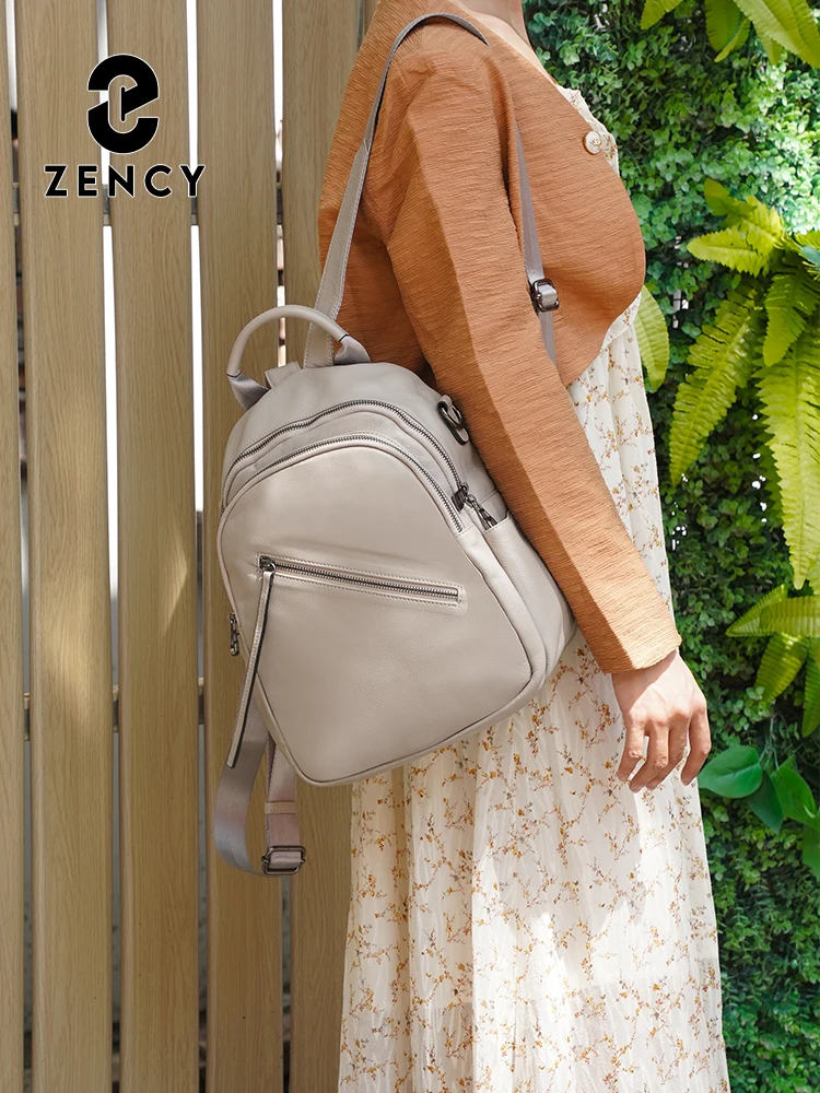 Zency Women's Genuine Leather Backpack with Roomy Zip Pockets for Commute Work Wide Strap Convertible Ladies Shoulder Bag