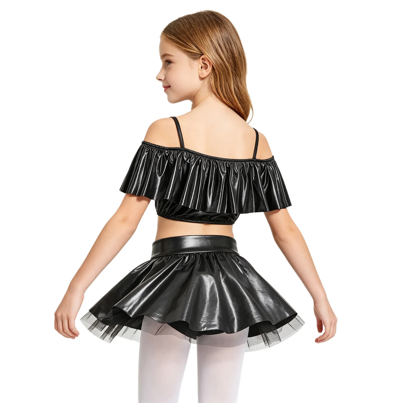 Girls Metallic Jazz Hip Hop Cheerleading Dance Outfit Off Shoulder Spaghetti Straps Ruffles Crop Top with Skirt for School Show
