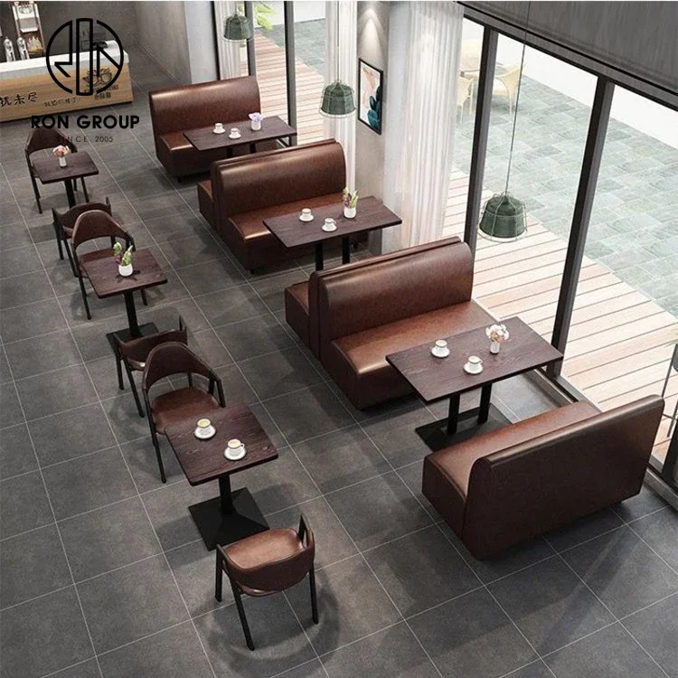 Coffee Shop Fast Food Square Commercial Cafe Leather Wood Restaurant Sofa Bench Furniture Booth Seating Table Top And Chair Set