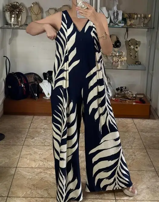 

Женский комбинезон, летний свободный комбинезон с v-образным вырезом и растительным принтом, свободный комбинезон без рукавов с высокой талией и широкими штанинами, подходящий для отпуска и отдыха