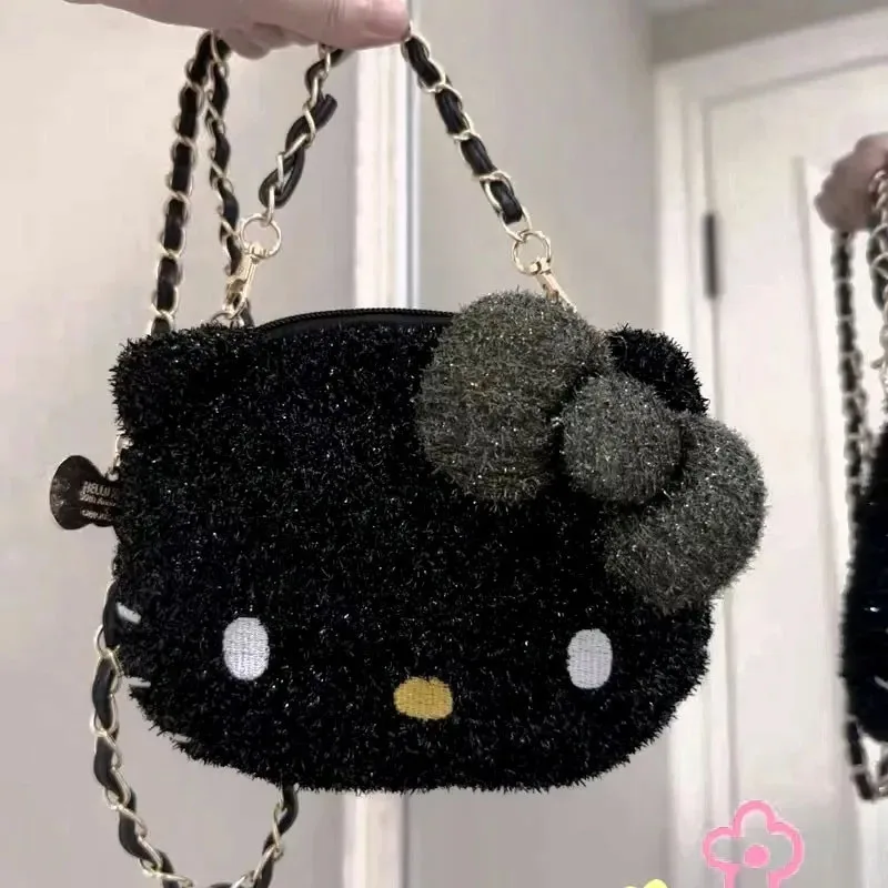 

Kawaii Anime New Hello Kitty Girl Heart Sparkling Large Face Crossbody Bag Small Round Bag Cartoon Cute Silver Ink Green Bag