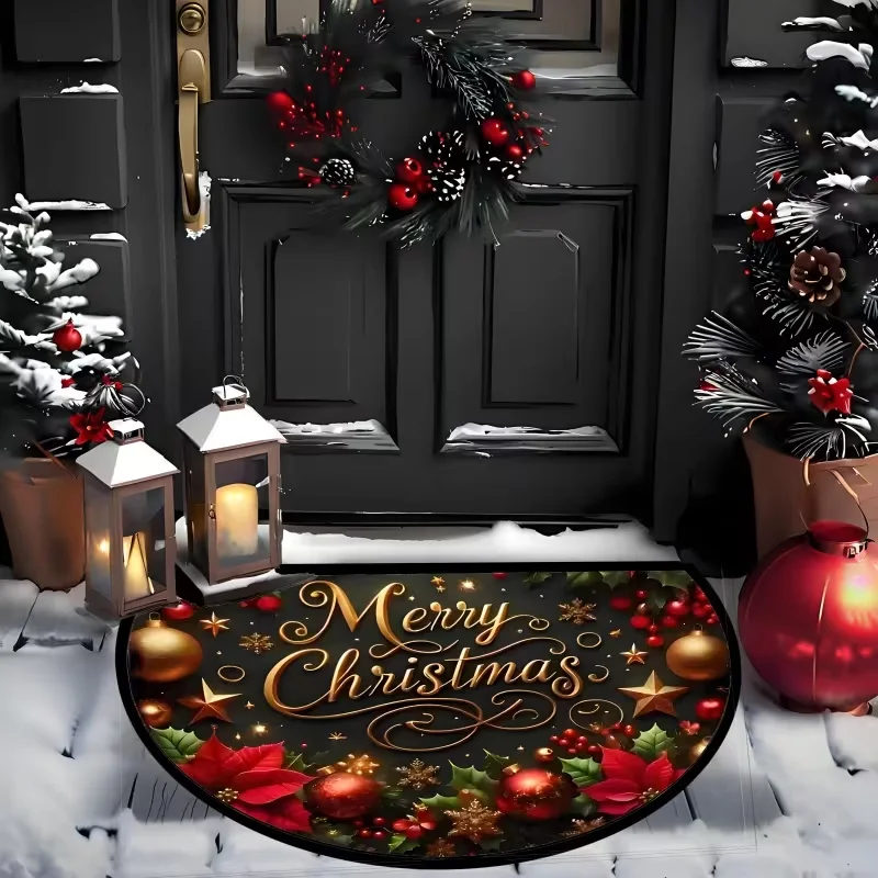 Christmas Semicircular Doormat Featuring Poinsettias Holly Snowflakes Design for Living Room Cottages Etc Indoor Outdoor Use