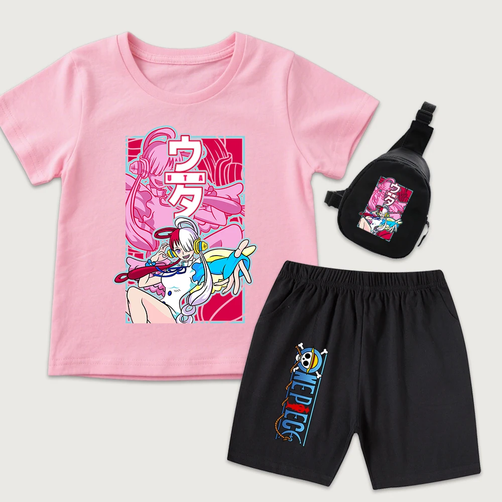 One Piece Uta Anime Print Cotton T Shirt Shorts Mini Chest Bag 3 Piece Set for Kids Boys Girls Summer Casual Outfit view 4