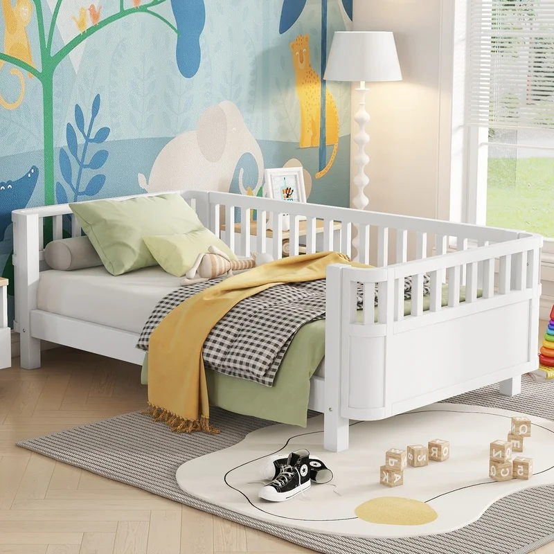 

White Twin Wood Platform Bed for Kids, Low Profile with Rails, Patented Design (Arrives 2026/5/11)