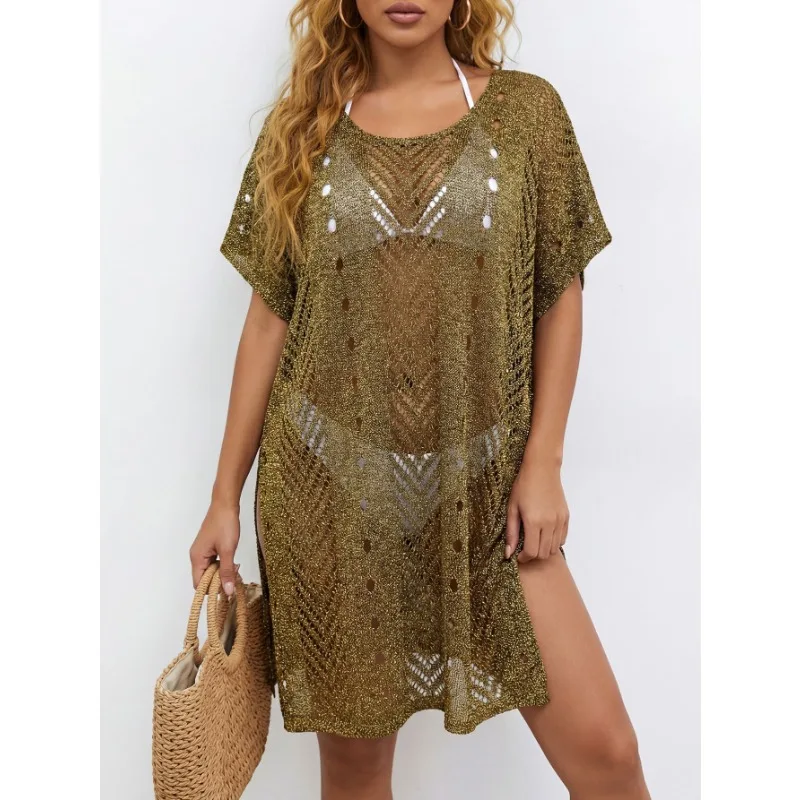 Women Lurex Knit Beach Cover Up Dress Hollow Out Short Sleeve Side Split Bikini Cover For Summer Beach view 5