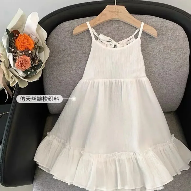 

Summer Children Dresses for Teens Party Princess Sundress New White Beach Lace Floral Dress Lolita Child Girls Casual Midi Dress