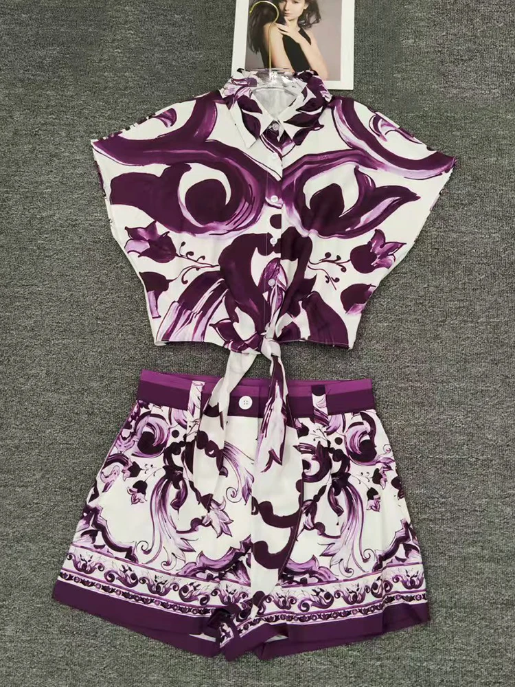 

2025 Summer Women's retro geometric print lace-up waist-cinching short shirt two-piece set + Straight shorts Fashionable outfit