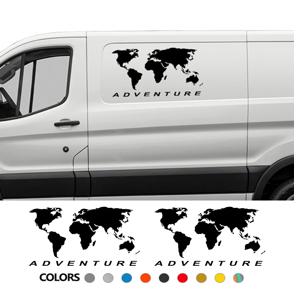 2Pcs Car Side Body Sticker Graphics World Map Adventure Edition Decor Decal For Van SUV Camper RV Motorhome Auto DIY Vinyl Cover