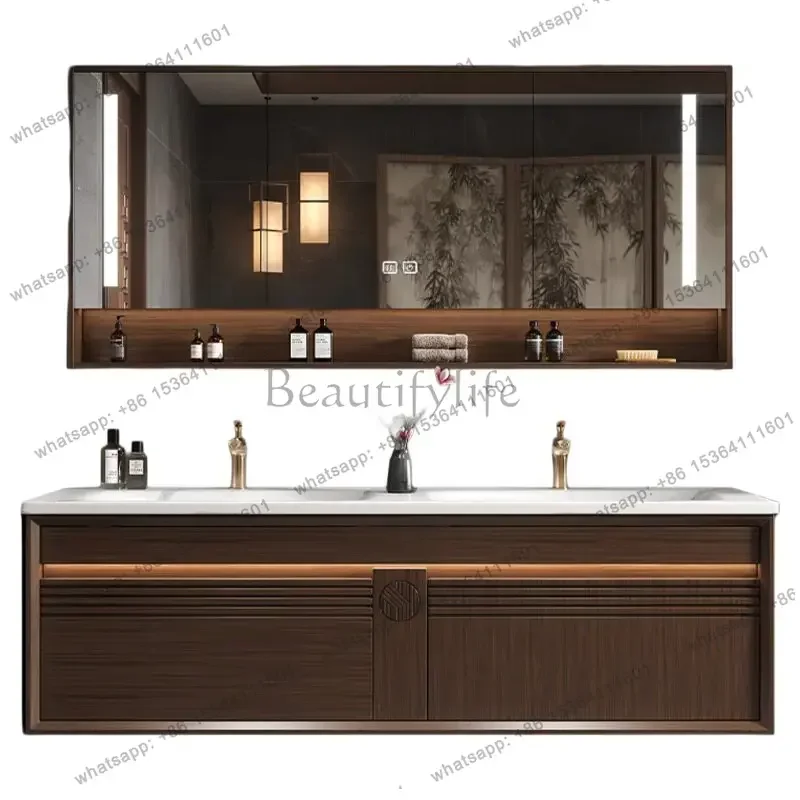 

New Chinese style rubber wood rock slab hot bending integrated double basin bathroom cabinet combination washbasin cabinet
