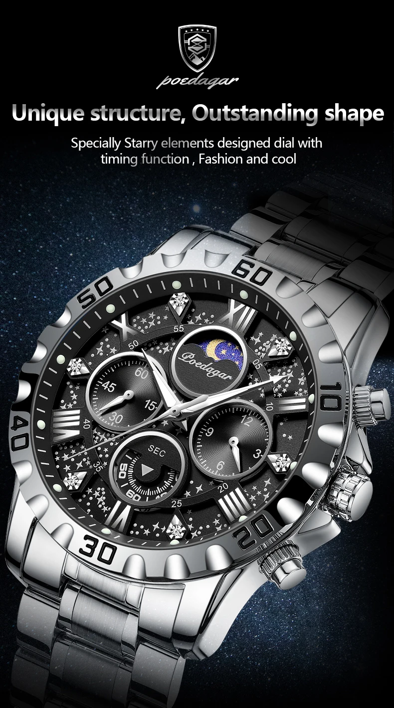 POEDAGAR Luxus Mann Uhr Wasserdicht Leucht Edelstahl Quarz herren Armbanduhr Chronograph Militär Uhren Für Männer Reloj – Detail 2