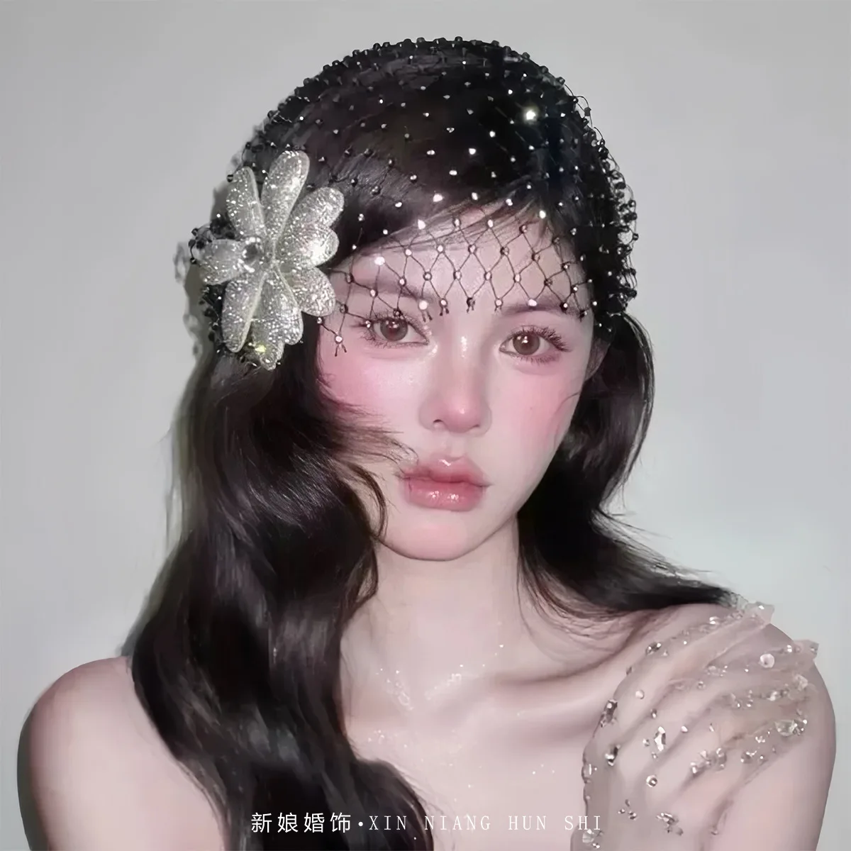 Womens Sparkling Hat Rhinestone Flower Net Cap