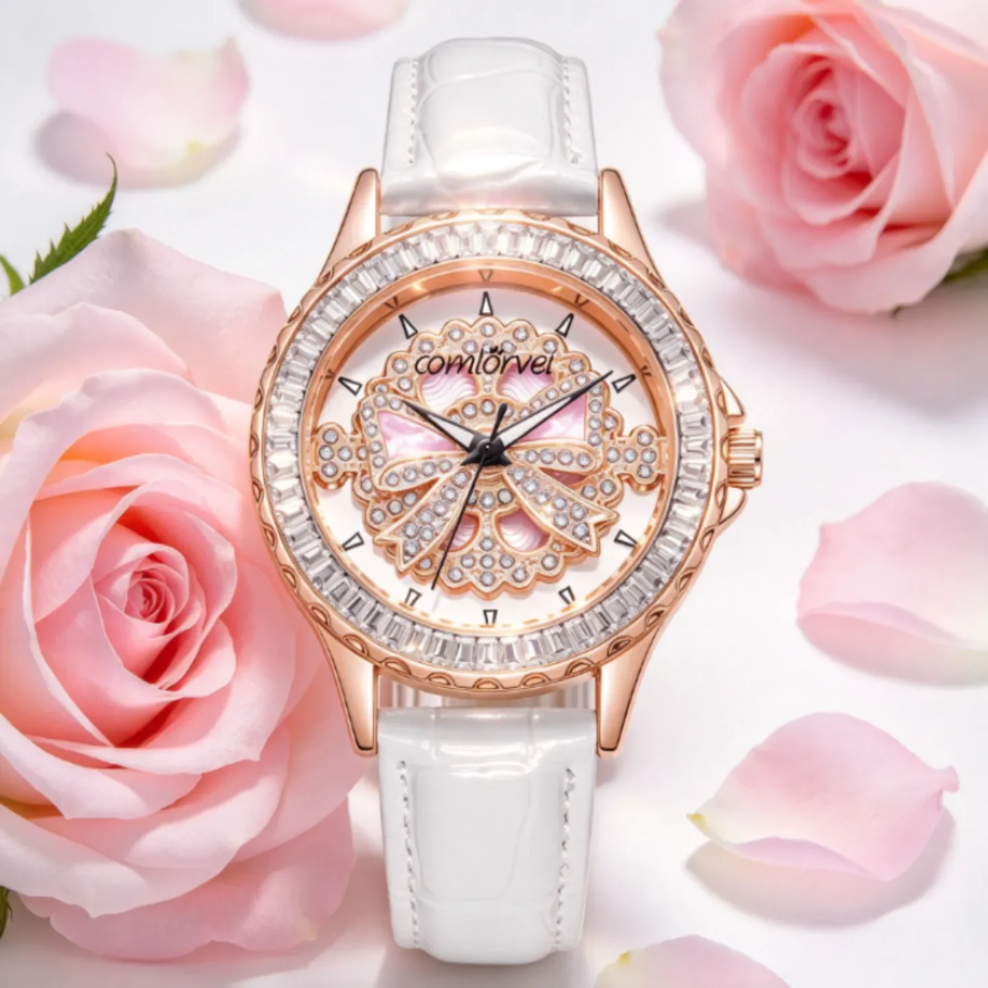 comlorvei Hollow Bowknot Rhinestone Ladies Watch, Mother of Pearl Decor, Glossy Leather Strap Luxury Quartz Wrist Watch