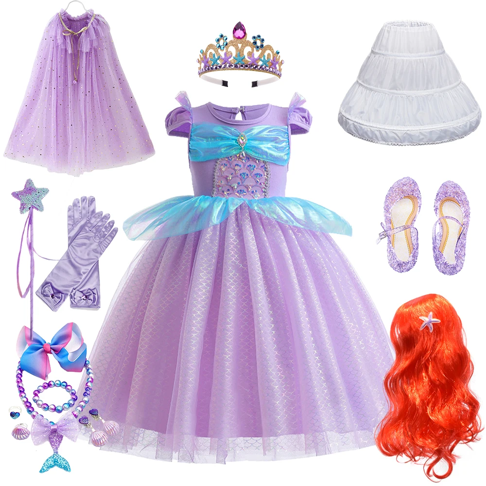 

Summer Girls Princess Ariel Dress Up Birthday Festival Child Little Mermaid Fairy Costume Toddler Wedding Dress Purple Prom Gown