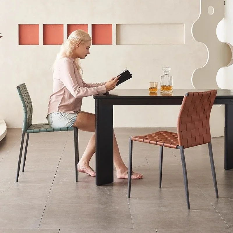 

Scandinavian Rattan Dining Chair Minimalist Saddle Leather Stool Backrest Vanity Chair Stylish Home Table Chair
