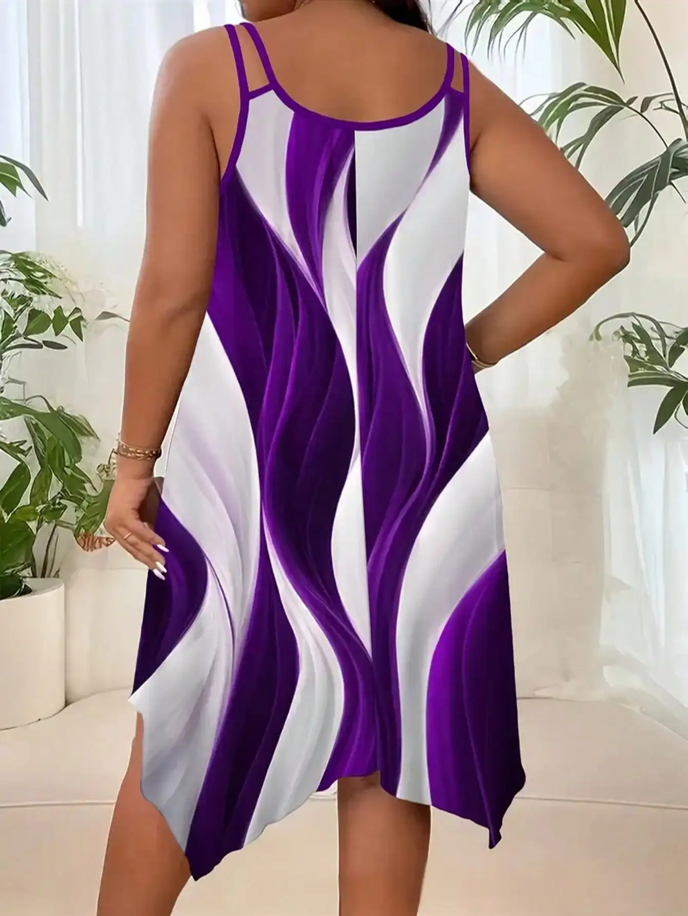 Plus-size women's fashion asymmetrical geometric stripes printed double strap dress - Image 3