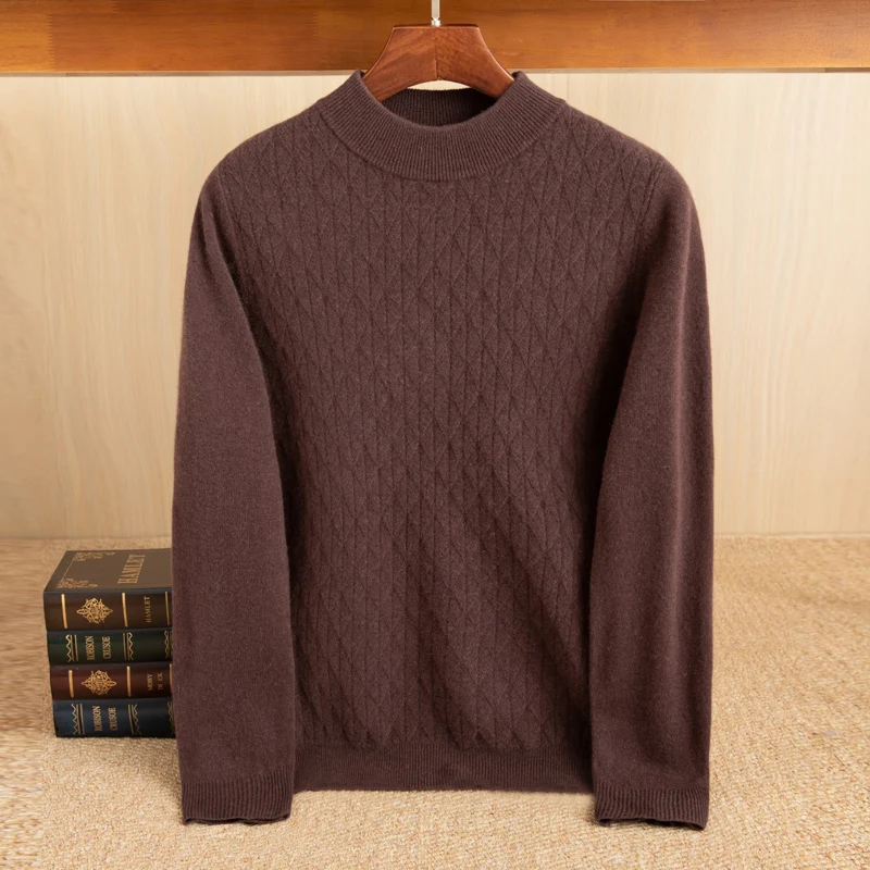 Double Thick 100% Pure Wool Men's Semi-High Collar Business Sweater Long Sleeve Pullover Jacquard Thread Knitted Bottoming Shirt