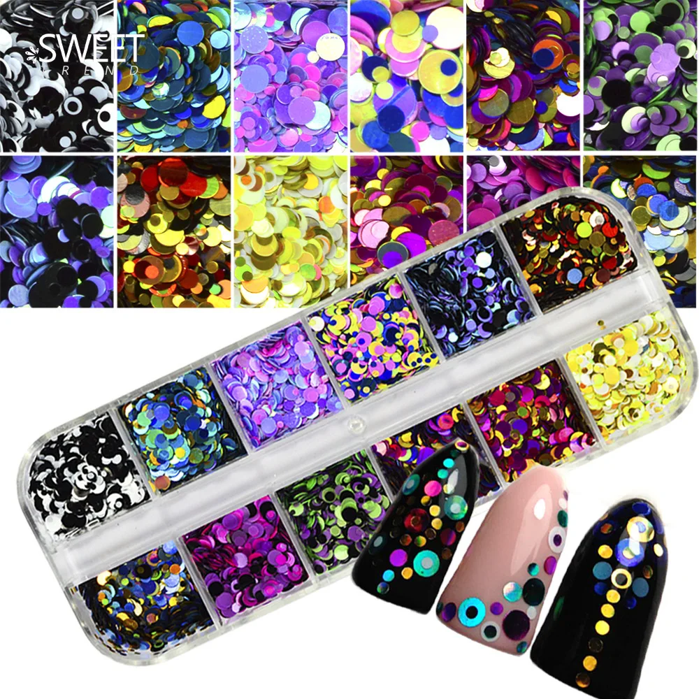 12 griglie paillettes ultrasottili nail art glitter mini paillette decorazioni per unghie rotonde colorate 3d accessori per manicure di dimensioni miste