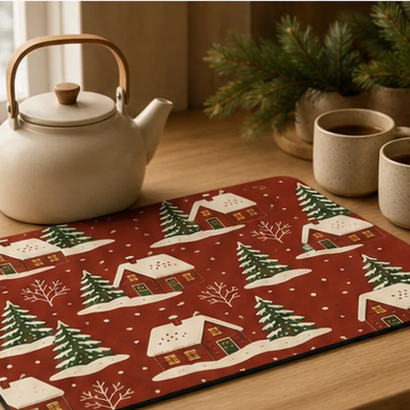 VIKAMA Diatomite Drying Mat, Super Absorbent Quick Dry Non-Slip Kitchen Countertop Christmas Cabin Snowflake