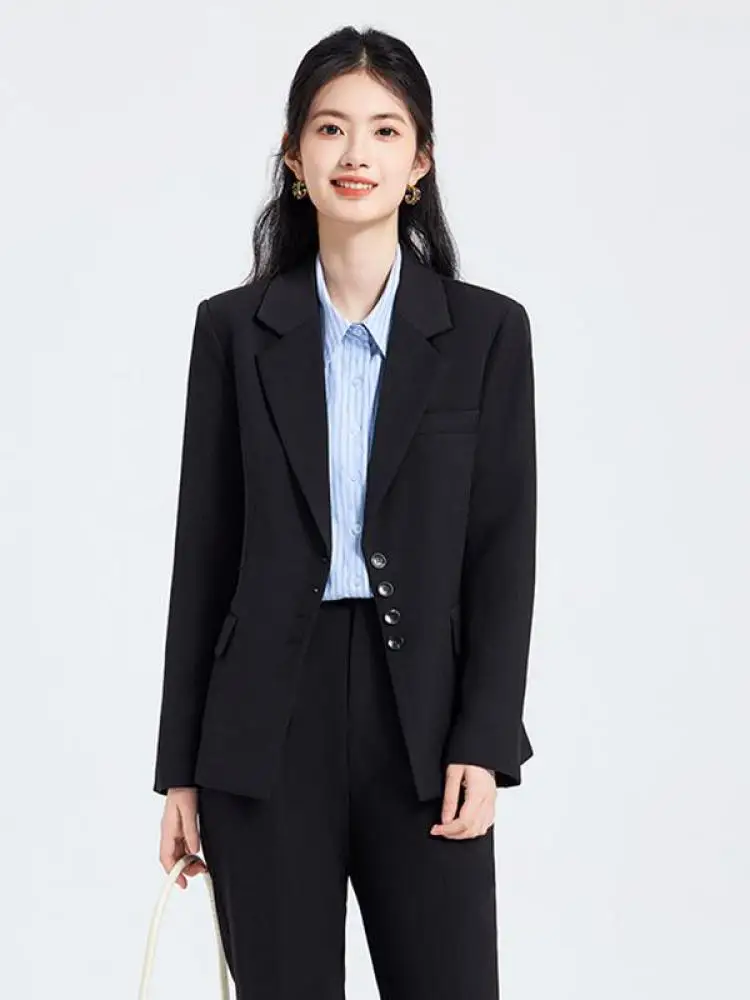 Autunno Inverno Donna 2025 Nuovo Nero Grigio Elegante Abbigliamento da lavoro da ufficio Maniche lunghe Blazer Cappotto + Pantaloni professionali Set da due pezzi